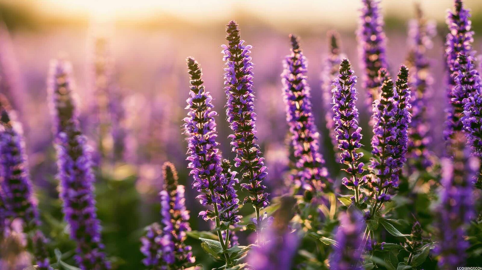 A field of purple salvia (sage) blooms glowing at sunset.